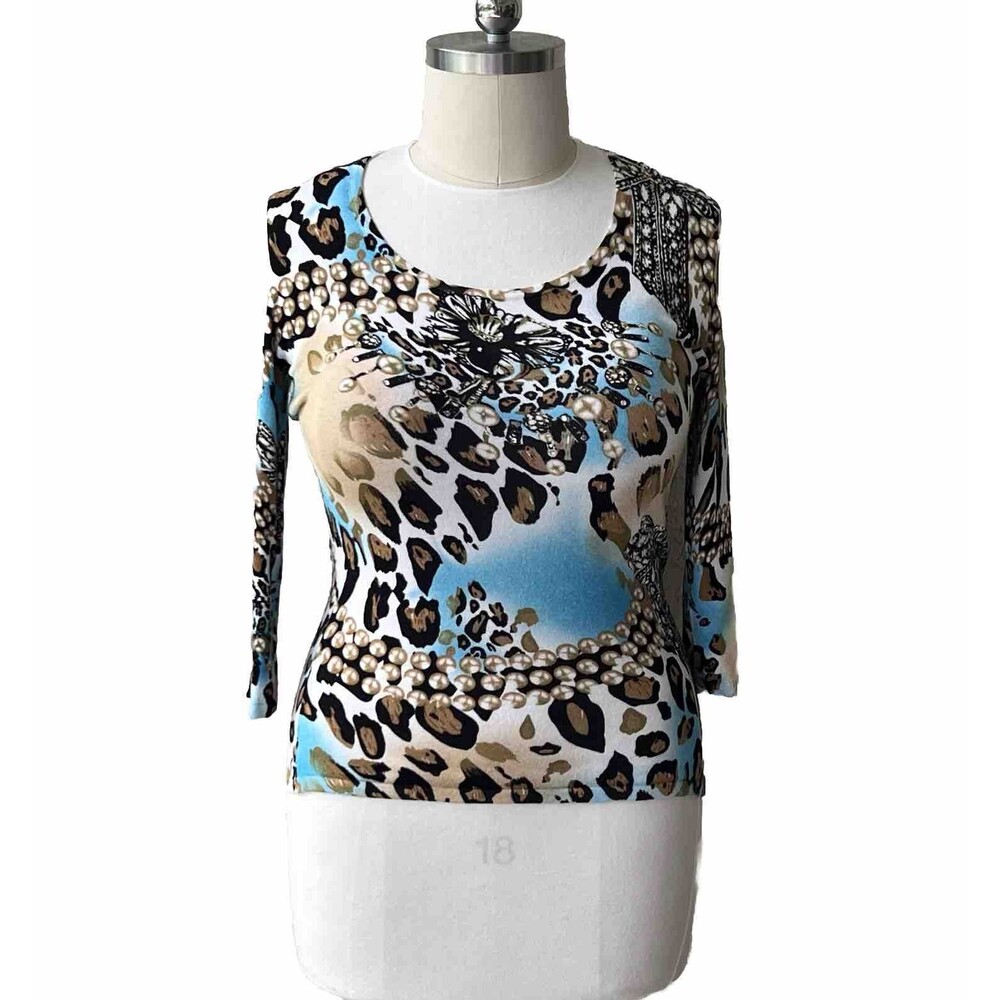 Women's Venini - Animal and Pearl Print Thin Knit Stretch Sweater 3/4 Sleeve Top